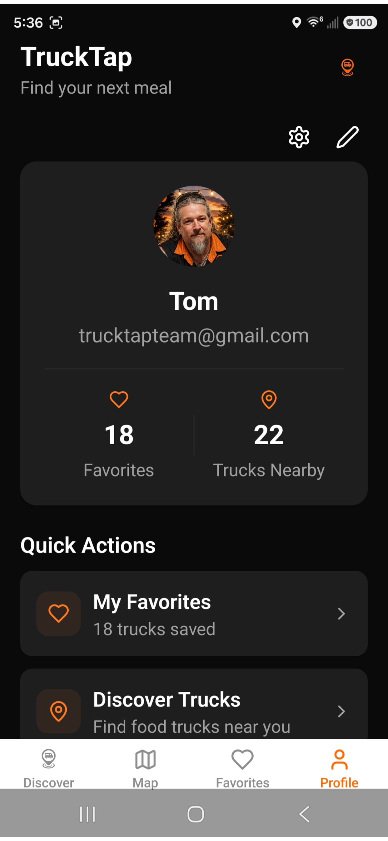 TruckTap favorites and profile screen