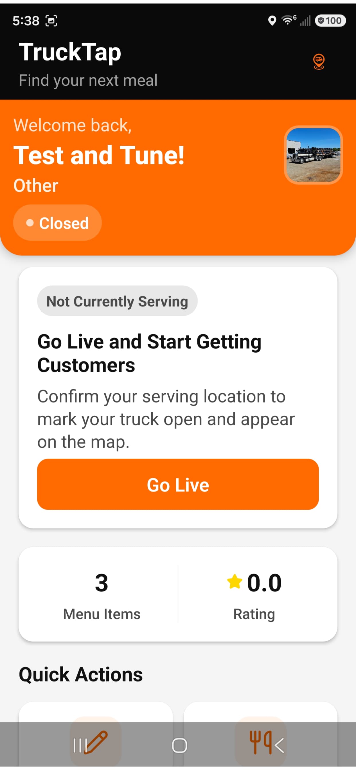 TruckTap Go Live screen for food truck owners
