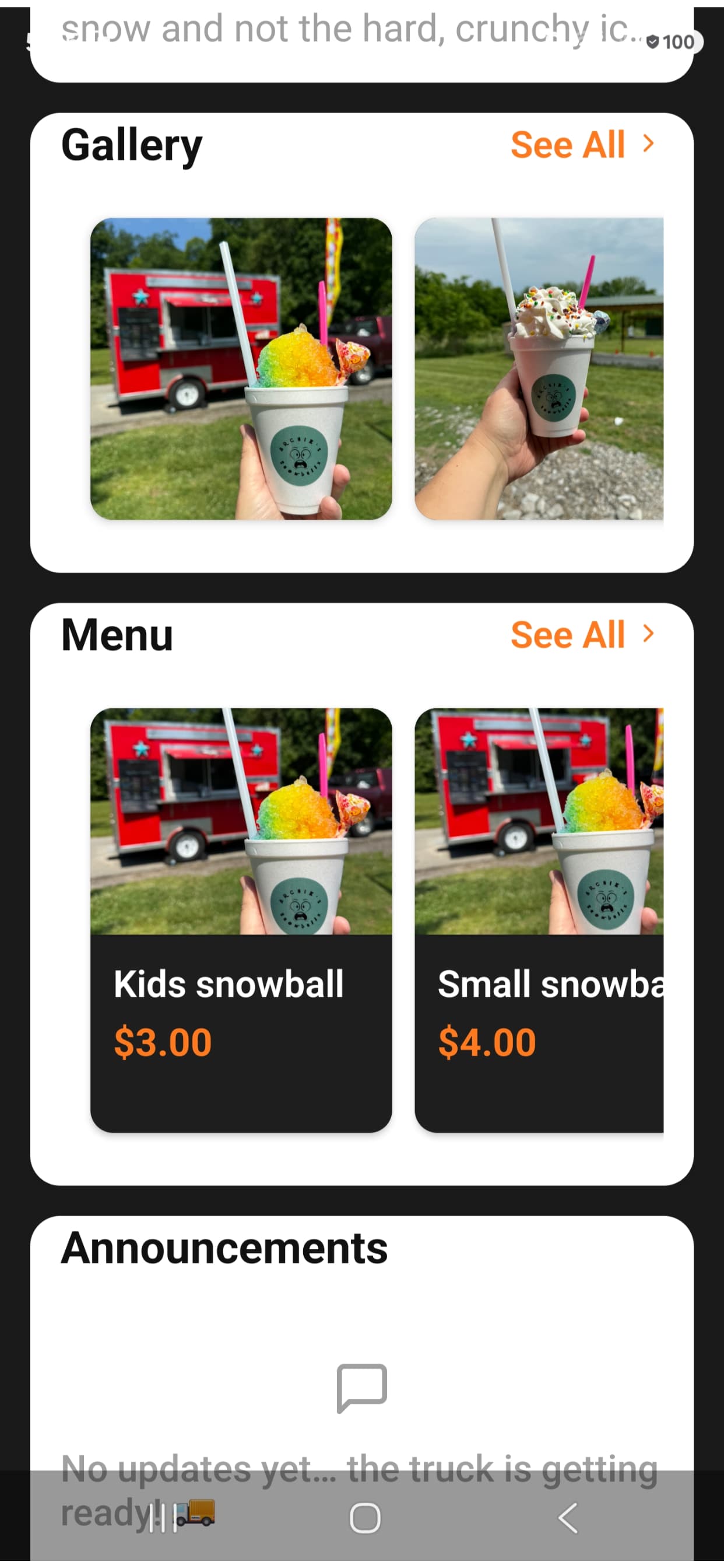 TruckTap truck menu and gallery screen