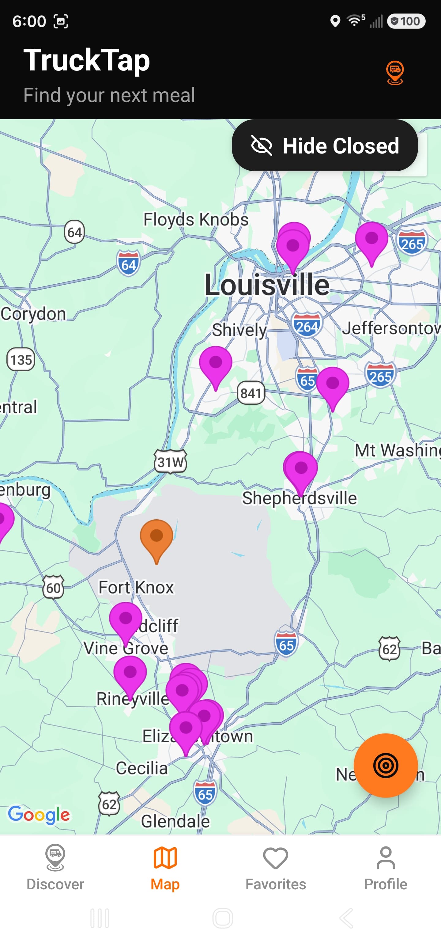 TruckTap map view showing food truck locations across the region