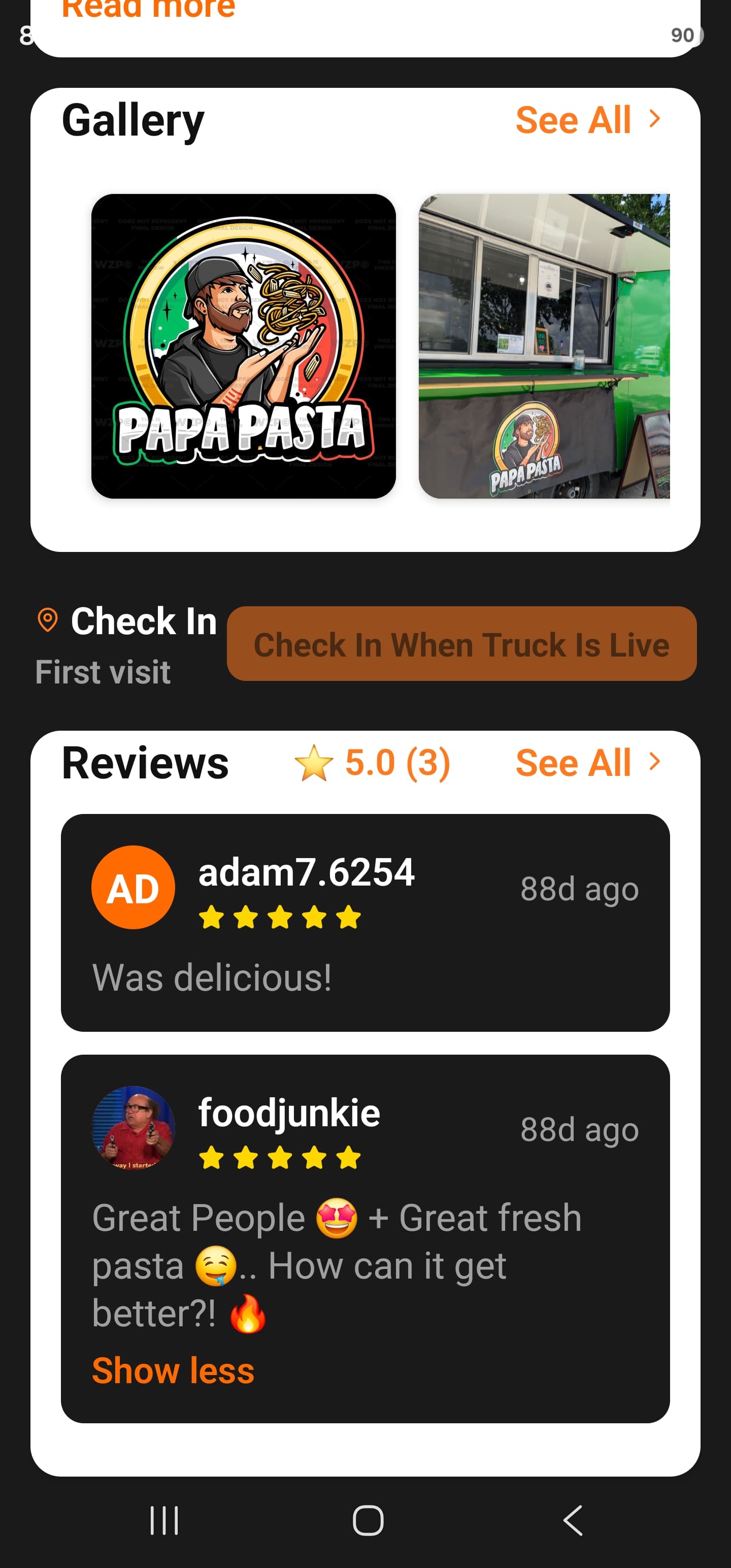 Papa Pasta truck profile on TruckTap with customer reviews