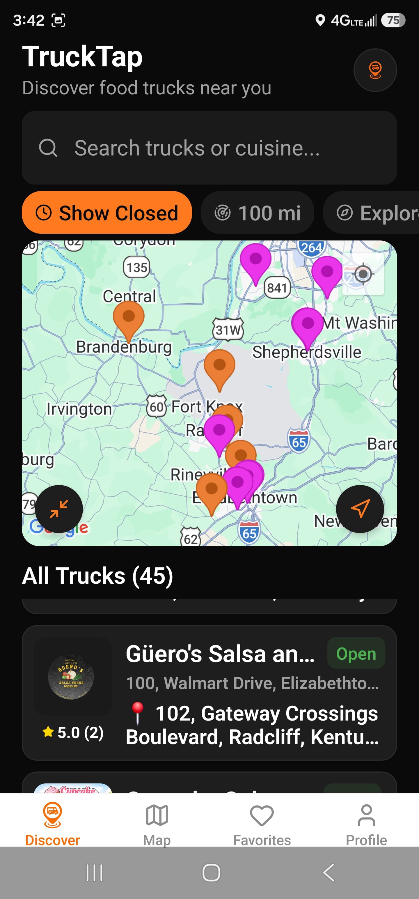 TruckTap discovery map showing food trucks live across Hardin County, Kentucky