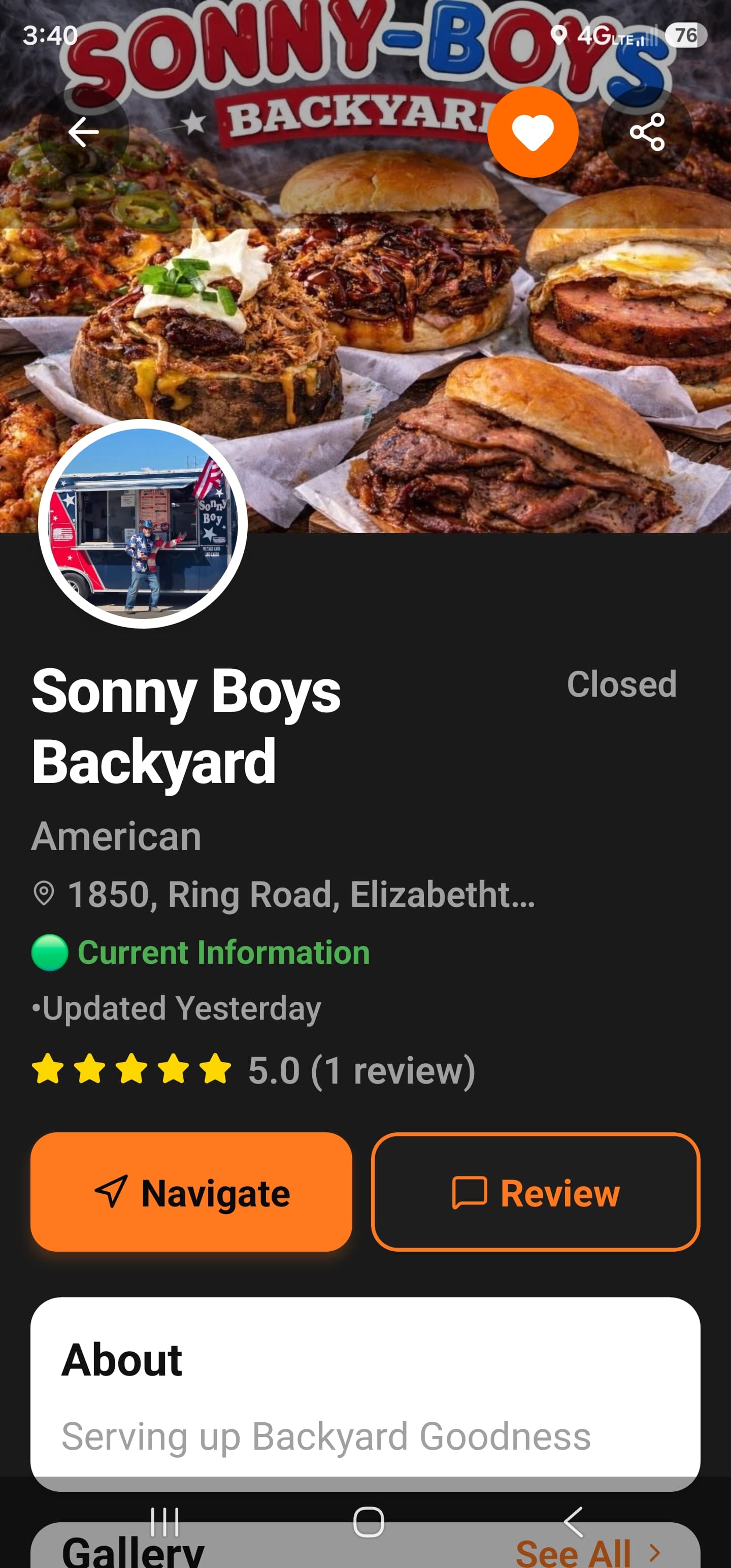 Sonny Boys Backyard truck profile showing barbecue sandwiches