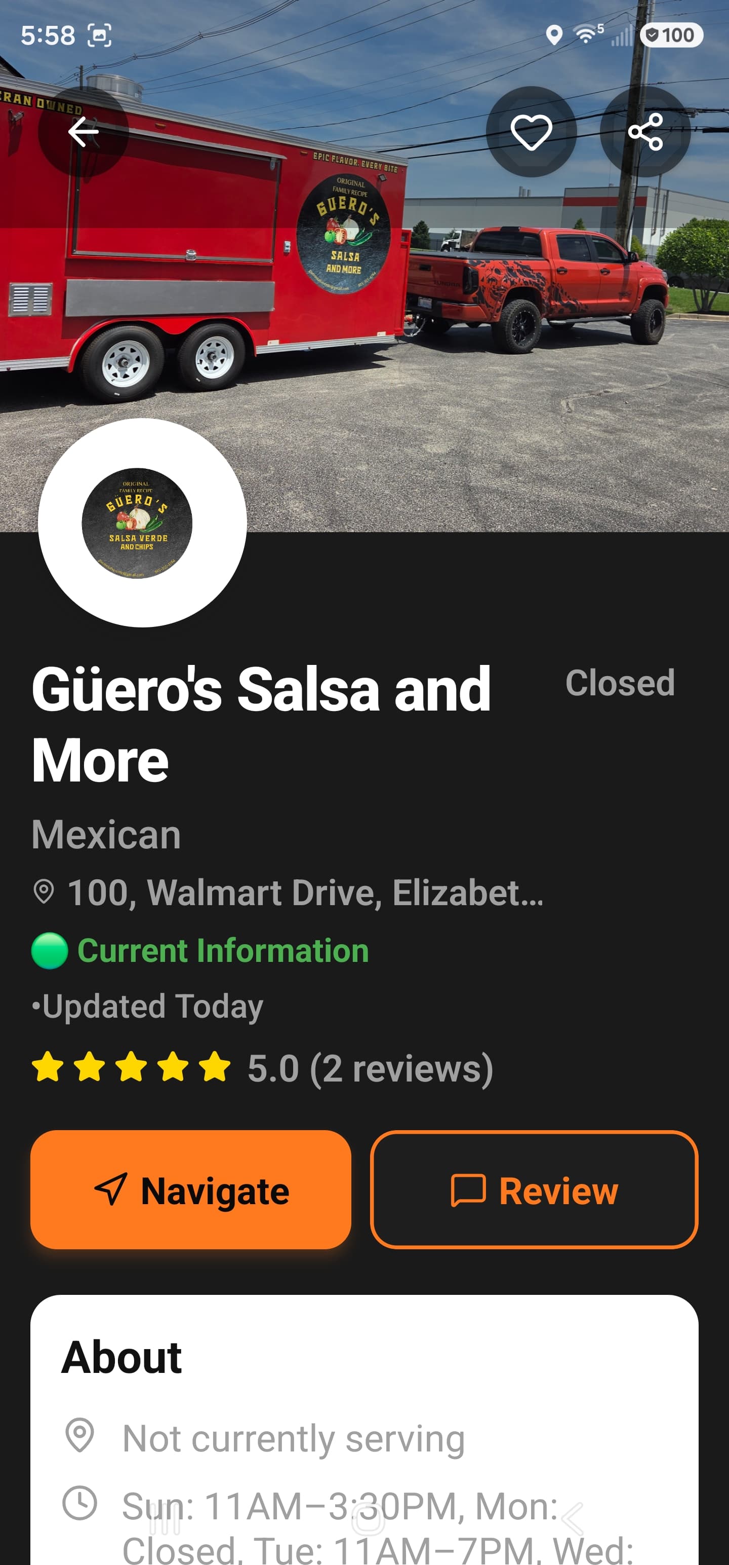 Güero's Salsa and More truck profile on TruckTap, open now with a 5-star rating