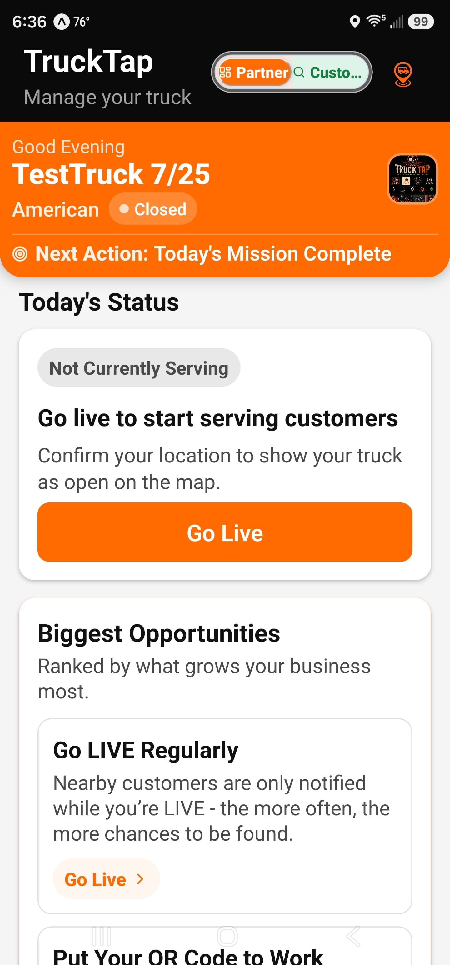 TruckTap owner dashboard showing the Go Live button and today's opportunities
