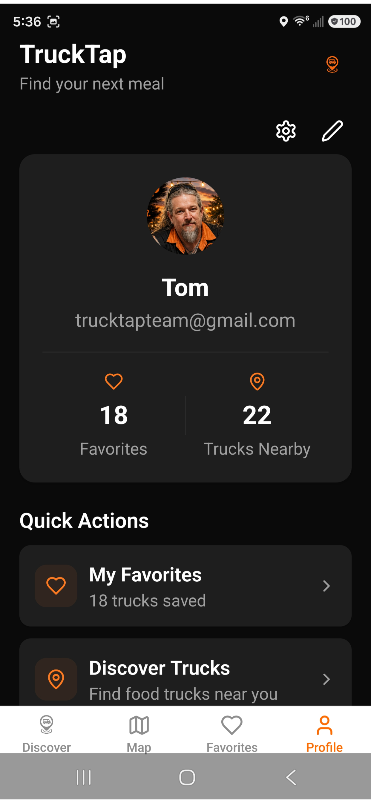 TruckTap favorites and profile screen